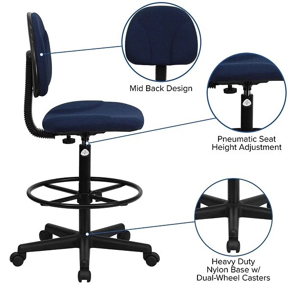 Flash Furniture Mid Back Fabric Ergonomic Drafting Stool, Navy Blue (BT659NVY) - Image 3