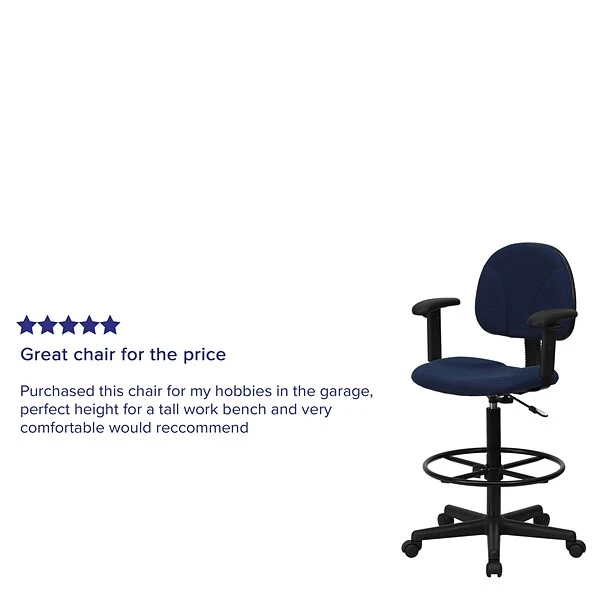 Flash Furniture Ergonomic Fabric Drafting Stool, Adjustable Arms, Navy Blue (BT659NVYARMS) - Image 2