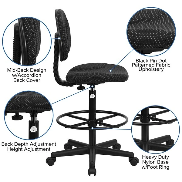 Flash Furniture Mid Back Fabric Ergonomic Drafting Stool, Black - Image 3