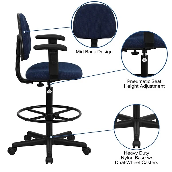 Flash Furniture Ergonomic Fabric Drafting Stool, Adjustable Arms, Navy Blue (BT659NVYARMS) - Image 3