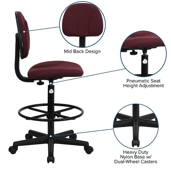 Flash Furniture Mid Back Fabric Ergonomic Drafting Stool, Burgundy (BT659BY) - Image 3