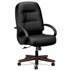 HON® 2190 Pillow-Soft Wood Series Executive Highback Chair, Mahogany/Black Leather, Open Loop Arms (2191NSR11)
