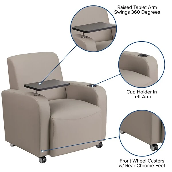 Flash Furniture Leather Guest Chair; Gray W/Tablet Arm, Front Wheel Casters And Cup Holder - Image 4