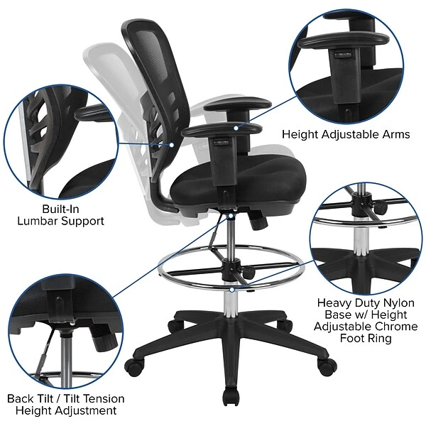 Flash Furniture Nylon Drafting Chair With Lumbar Support, Black (HL-0001-1CBLACK-GG) - Image 4