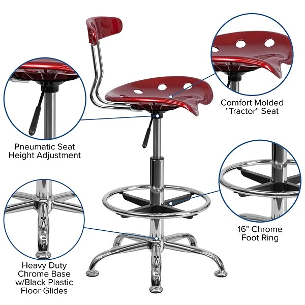 Belnick Vibrant Chrome Drafting Stool With Tractor Seat, Wine Red - Image 4