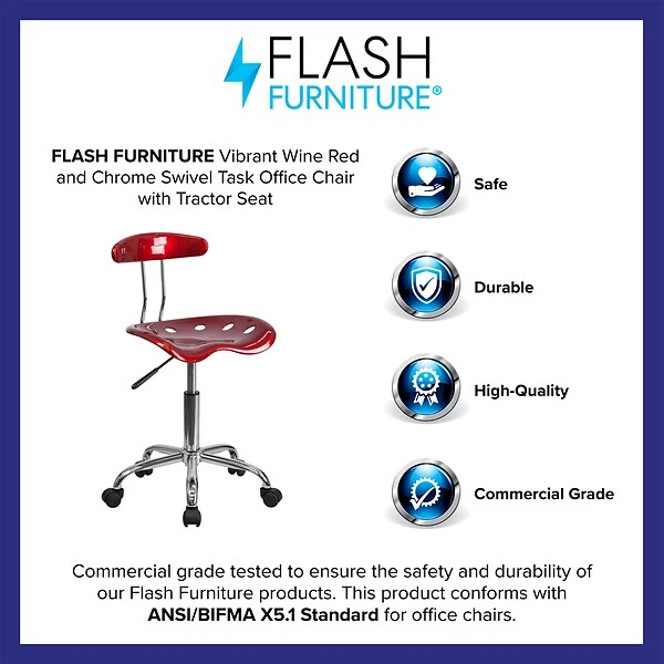 Flash Furniture Elliott Armless Plastic And Chrome Task Office Chair With Tractor Seat, Vibrant Wine Red And Chrome (LF214WNRED) - Image 3