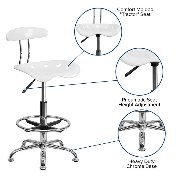 Belnick Vibrant Chrome Drafting Stool With Tractor Seat, White - Image 3