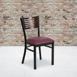 Flash Furniture Hercules Black Decorative Slat Back Metal Restaurant Chair, Walnut Back, Vinyl Seat