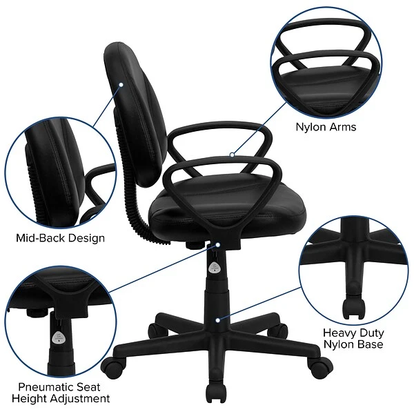 Flash Furniture Ronald Ergonomic LeatherSoft Swivel Mid-Back Task Office Chair, Black (BT688BKA) - Image 4