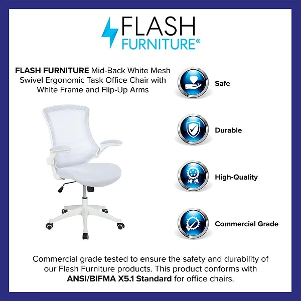 Flash Furniture Kelista Ergonomic Mesh Swivel Mid-Back Task Office Chair, White With White Frame (BLX5MWHWH) - Image 3