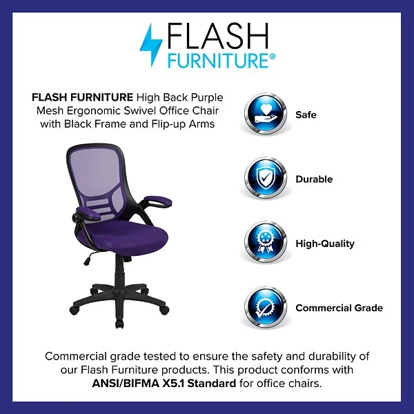 Flash Furniture Porter Ergonomic Mesh Swivel High Back Office Chair, Purple/Black (HL00161BKPUR) - Image 3