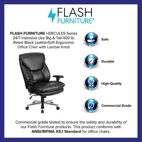 Flash Furniture HERCULES Series Ergonomic LeatherSoft Swivel 24/7 Intensive Use Big & Tall Office Chair, Black (GO2085LEA) - Image 3