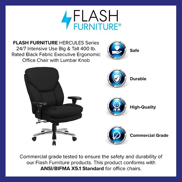 Flash Furniture HERCULES Series Ergonomic Fabric Swivel 24/7 Intensive Use Big & Tall Office Chair, Black (GO2085) - Image 3