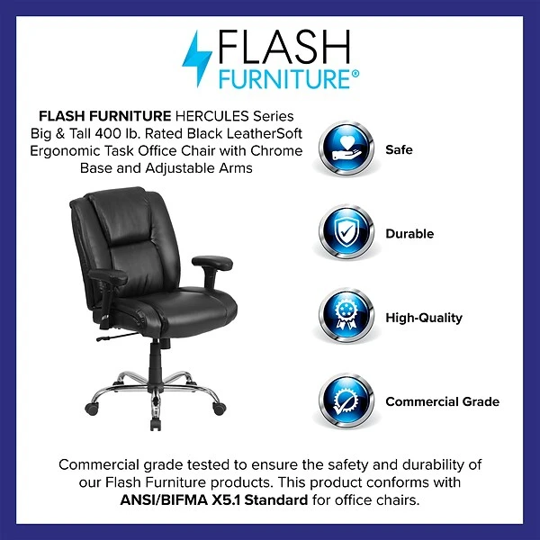 Flash Furniture HERCULES Series Ergonomic LeatherSoft Swivel Big & Tall Task Office Chair, Black (GO2132LEA) - Image 3