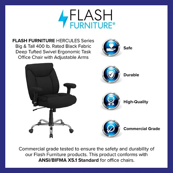 Flash Furniture HERCULES Series Ergonomic Fabric Swivel Big & Tall Tufted Task Office Chair, Black (GO2073F) - Image 3