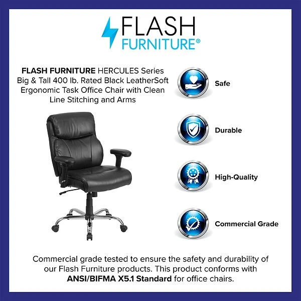 Flash Furniture HERCULES Series Ergonomic LeatherSoft Swivel Big & Tall Task Office Chair, Black (GO2031LEA) - Image 3