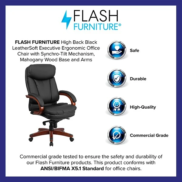 Flash Furniture Hansel Ergonomic LeatherSoft Swivel High Back Executive Office Chair, Black/Mahogany (BT90171HS) - Image 3
