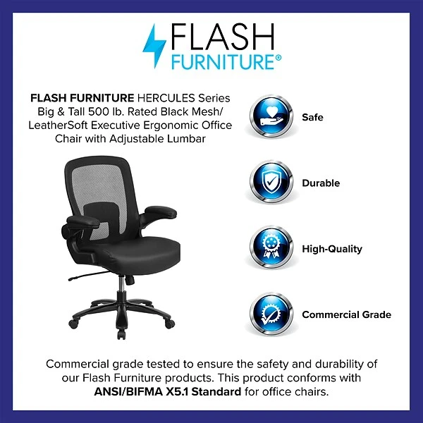 Flash Furniture HERCULES Series Mesh/LeatherSoft Swivel Big & Tall Executive Office Chair, Black (BT20180LEA) - Image 3
