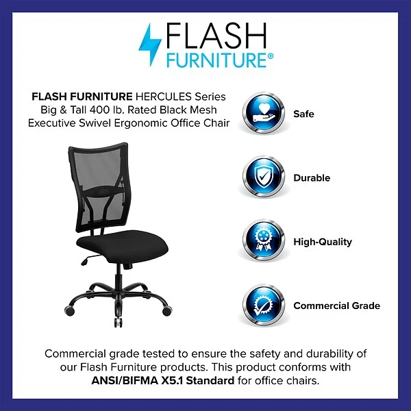 Flash Furniture HERCULES Series Armless Ergonomic Mesh Swivel Big & Tall Executive Office Chair, Black (WL5029SYG) - Image 3