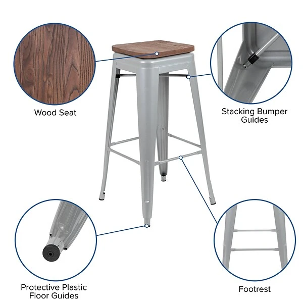 Flash Furniture Metal 30" High Indoor Bar Stool, Silver, 4-Pieces (4ET31320W30SVR) - Image 4