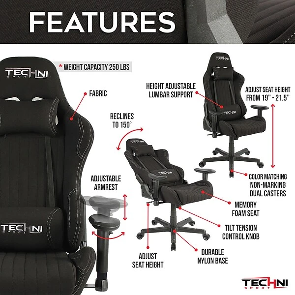 Techni Sport TS-F44 Fabric Ergonomic High Back Video Gaming Chair, Black (RTA-TSF44-BK) - Image 5