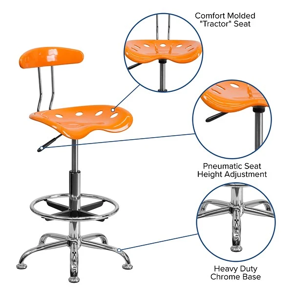 Flash Furniture Low Back Polymer Drafting Stool With Tractor Seat, Vibrant Orange - Image 3