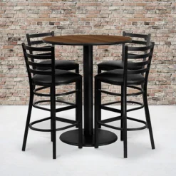 Flash Furniture 36'' Round Table Set W/4 Ladder Back Metal Bar Stools, Walnut /Black (MD0011)