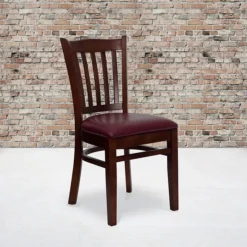 Flash Hercules Series Wooden Vertical Slat Back Restaurant Chair, Mahogany Finish W/Burgundy Seat