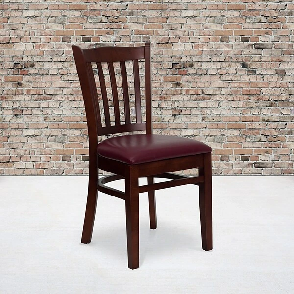 Flash Hercules Series Wooden Vertical Slat Back Restaurant Chair, Mahogany Finish W/Burgundy Seat