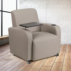 Flash Furniture Leather Guest Chair; Gray W/Tablet Arm, Front Wheel Casters And Cup Holder
