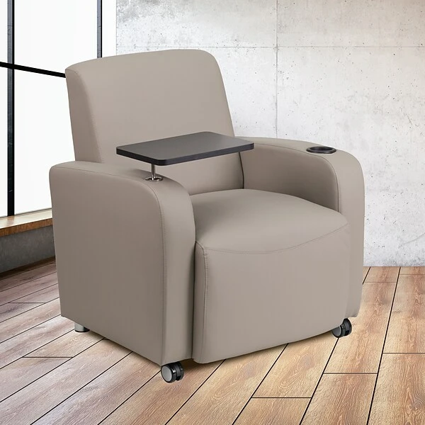 Flash Furniture Leather Guest Chair; Gray W/Tablet Arm, Front Wheel Casters And Cup Holder
