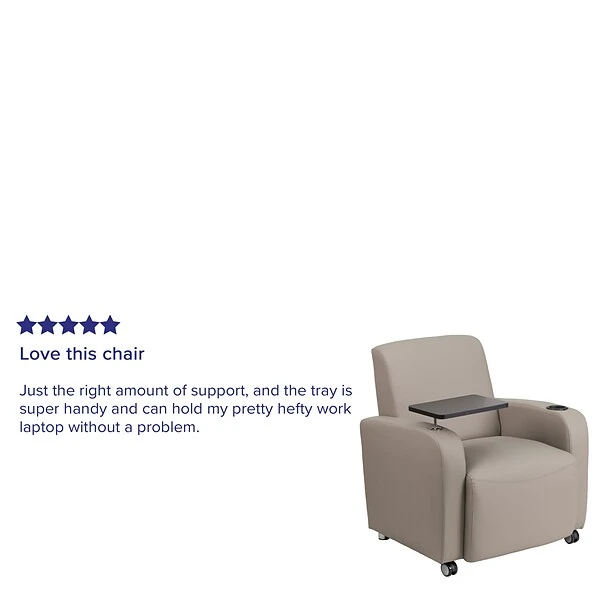 Flash Furniture Leather Guest Chair; Gray W/Tablet Arm, Front Wheel Casters And Cup Holder - Image 3